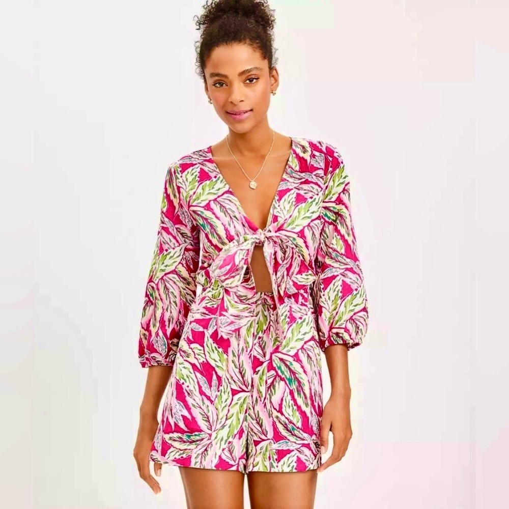 LOFT Beach‎ NWT 100% Linen Romper Swim Cover-Up Pink Tropical Leaf Tie Front MED
